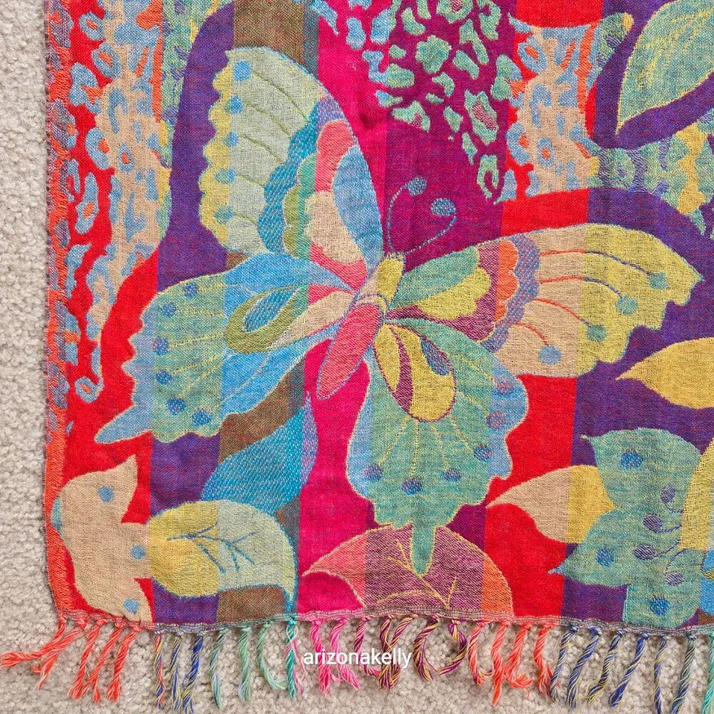 NWOT 100% Wool Woven Scarf Butterfly Flowers Colorful Vibrant